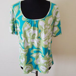 Covington Turquoise/Green Floral Scoop Neck Blouse Top